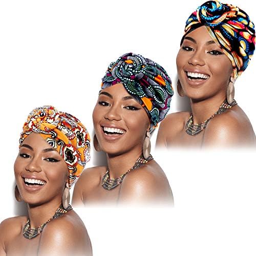 3 Pieces Headwrap for Women Soft Pre Tied Knot Fashion Pleated Turban Cap Beanie Sleep Hat