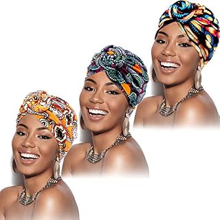 SATINIOR 3 Pieces African Turban for Women Knot Pre-Tied Bonnet Beanie Cap Headwrap