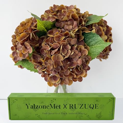 YalzoneMet 4 PCS Brown Hydrangea Artificial Flowers 21 Real Touch Faux Latex Bronze Hydrangea Flowers for Tables Centerpieces Boho Fake Flowers for Vintage Home Kitchen Decor