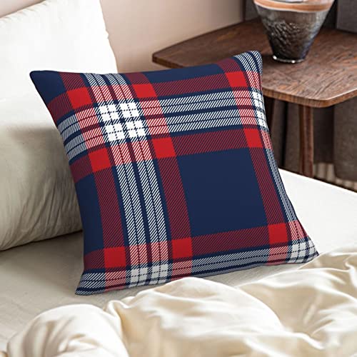 Navy Blue Red Christmas Plaid Throw Pillow Covers 16X16 Inch Set Of 2, Scottish Tartan Plaid Decorative Pillow Cases, Rustic Farmhouse Square Soft Linen Cushion Covers For Holiday Couch Sofa Bed Decor #TOP5