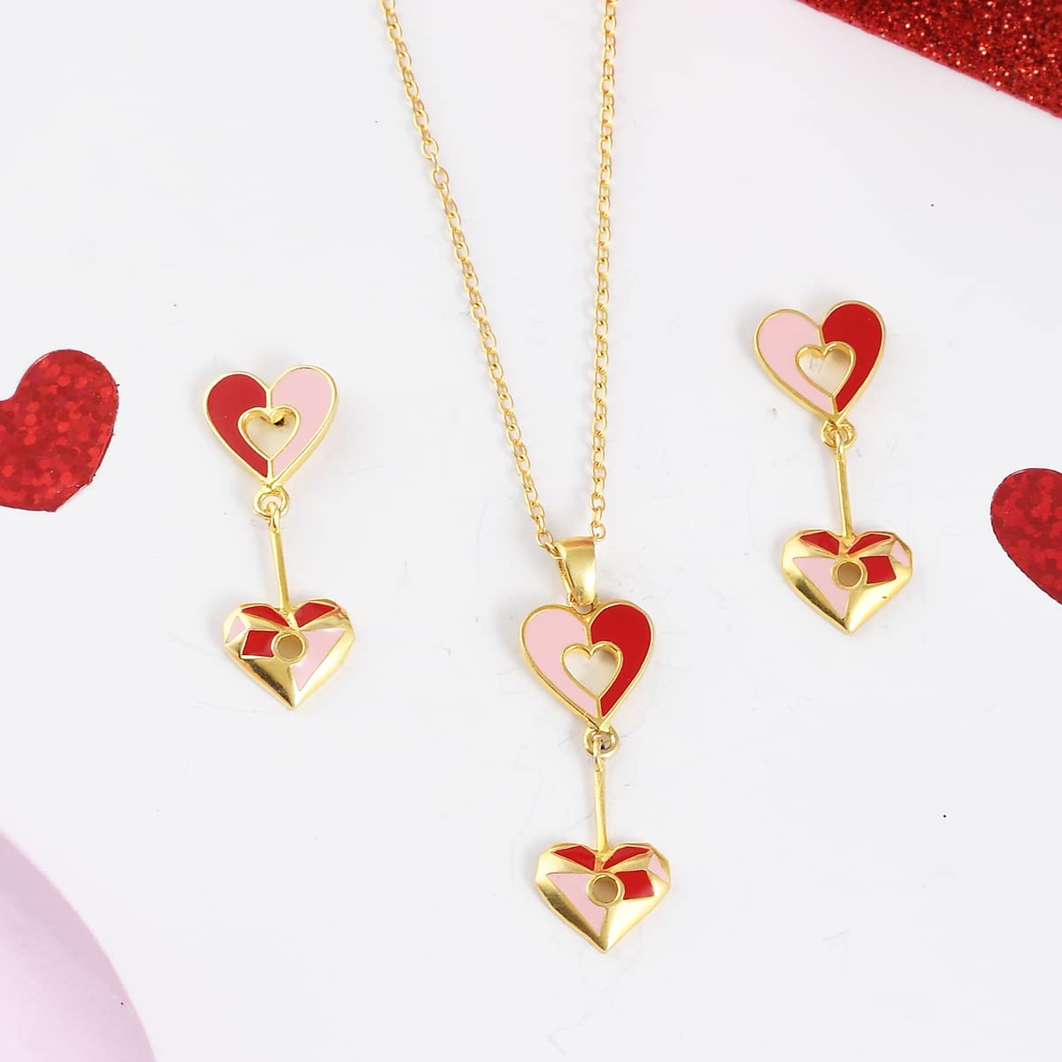 Enamelled Hearts Pendant Set