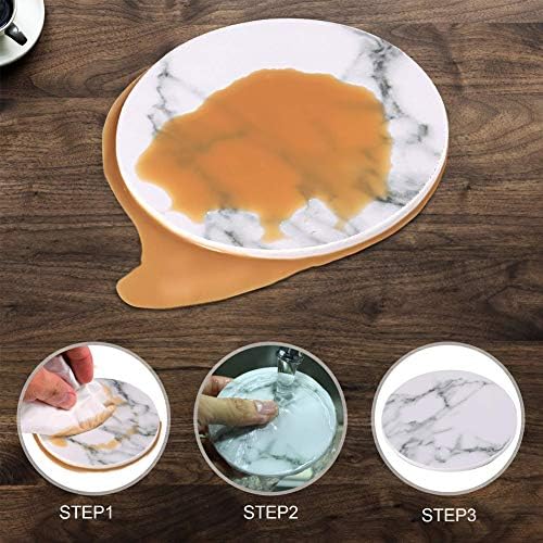 6 Pcs/Set Marble Leather Coasters, White Round Cup Mats with Holder, Heat Resistant Non-Slip Pads for Drinks Tea Coffee Cup Mug Glass - Protect Table from Scratch, Spills, Water Rings and Damage