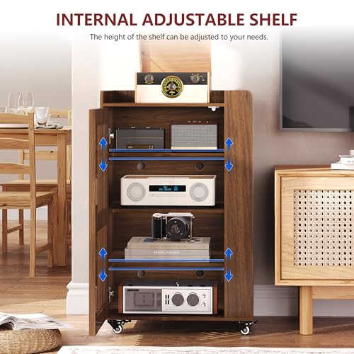 WLLPNG 5-Tier Media Cabinet with Stereo & Vinyl Record Storage, Rolling Stereo Cabinet with Adjustable Shelves and Cable Management, AV Media Stand for Living Gaming Room (Walnut) - Thumbnail 5