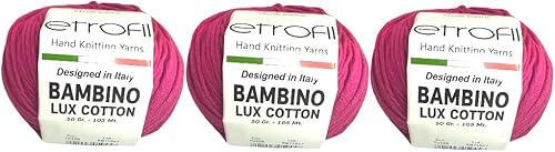 Paquete de 3 hilos de algodón Bambino Lux, tejido y ganchillo, mezcla acrílica de algodón orgánico, bebé y amigurumi, 5.29 oz, 1,033.5 ft (rosa