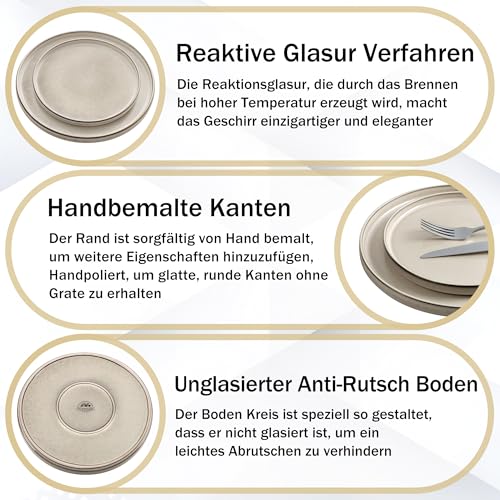 Homikit Geschirr Set, 18-tlg Steinzeug Geschirrset 6 Personen, Reaktive Glasur Tafelservice mit Dessertteller Müslischüsseln Speiseteller, Mikrowellen- und Spülmaschinenfest, Kratzfest, Stilvoll Khaki