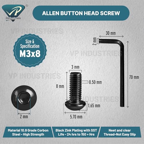 Image of By inchVP INDUSTRIES inch (Pcs-25) M3x8 mm Allen Button Head Cap Screw Black Zinc Plated High Tensile | Round Head Screw for Modular Furniture, Wooden Work, Electrical Fittings, DIY & Industrial Use