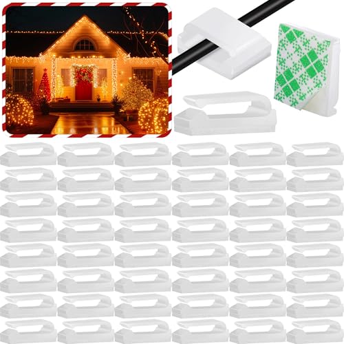 Hicarer 100 Pcs Christmas Light Clips Adhesive Hooks for Outdoor String Cable Wire Clips Adhesive Wire Management Cord Holder for The Wall, Under Desk, Car, Home and Office(Small, White)