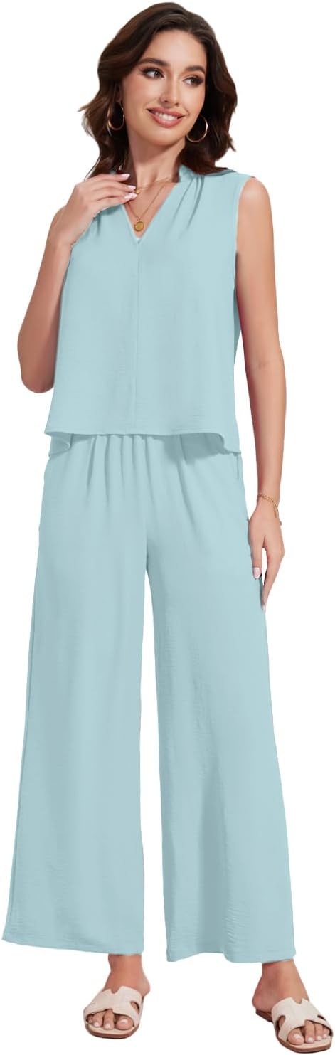 ROYLAMP 2025 Women'S Summer 2 Piece Outfits Sleeveless Ruffled V Neckline Tops High Waisted Pants Sets - Image 2