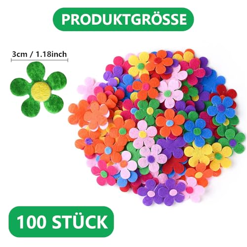 Funalix Fünfblättrige Filzblumen, 100 Stück Filzblumen zum Basteln,Bunte Stoff Blümchen für DIY Handwerk, Grußkarten, Deko, Häkeln und Nähen