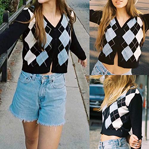 Womens Sweaters,for Women Long Sleeve Sweater Cardigan Vintage Rhombus Pattern V-Neck Coat Button Down Knitted Crop4