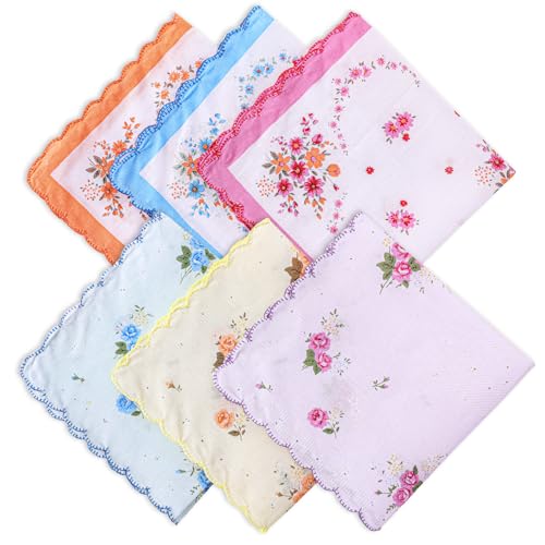 6 Pieces Cotton Handkerchiefs for Women, Ladies' Vintage Floral Handkerchiefs