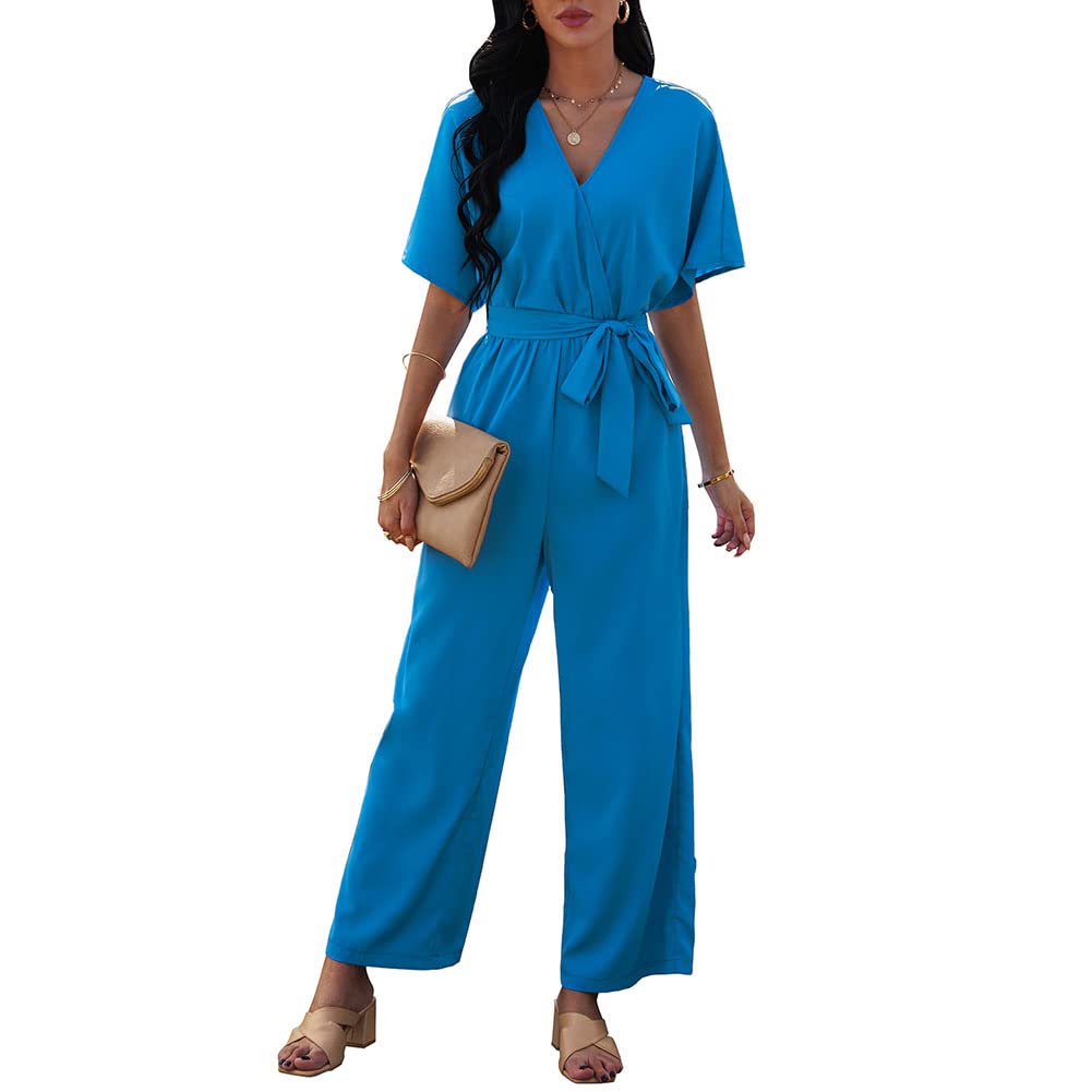Engood Women Solid V Neck Short Sleeves Tie Waist Jumpsuits Long Wide Pants Casual Jumpsuit with Pockets
