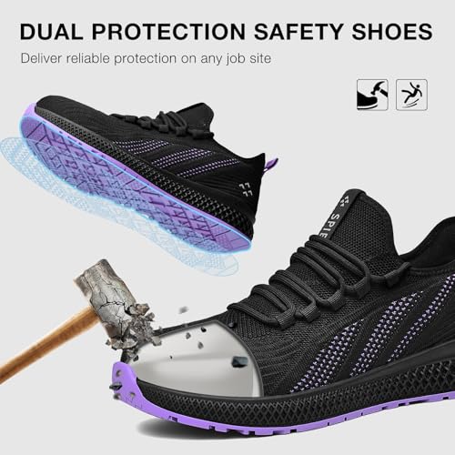 SPIEZ Safety Shoes for Women, Lightweight Composite Toe Work Shoes, Slip-On Non Slip Fashion Sneakers for Daily Wear Black Purple US 5-9.53