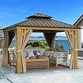 DWVO 10x10ft Gazebo, Wood Grain Aluminum Hardtop Gazebo, Heavy Duty Double Roof Galvanized Steel with Nettings and Curtains for Patio, Backyard, Deck, Lawns, Brown