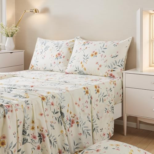 Image of FADFAY Floral Sheets Set Twin XL Vintage Pink Floral Bedding Shabby Beige Botanical Sheets College Dorm Bedding 800 Thread Count Soft 100% Egyptian Cotton Deep Pocket Fitted Sheet 4Pcs, Twin XL Size