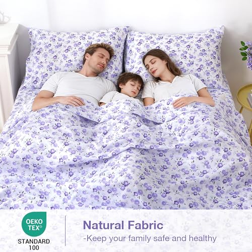 Image of Softan Puple Floral King Sheet Set, 4-Piece Microfiber Printed Fitted Sheet with 15 inch Deep Pockets & Non-Slip Straps, White Flower Patterned Bedding Sheets & Pillowcase Set