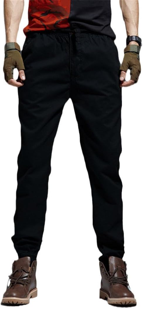 Men's Ankle-Length Denim Jogger Pants, Winter Thick Cotton Cargo Trousers with Pockets, Elastic Waist Tactical Style