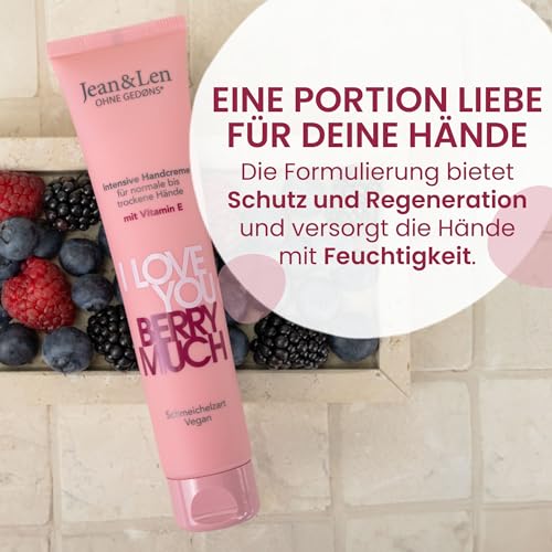 Jean & Len Handcreme I Love You Berry Much, für normale bis trockene Hände, versorgt die Hände mit Feuchtigkeit, zieht schnell ein, vegane Handpflege, ohne Parabene und Silikone, 75 ml