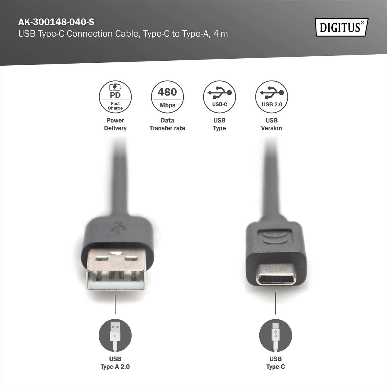 Manhattan USB-C Kabel 2 M – USB-C Auf USB-A, 480 Mbit/s, Schwarz, Für Daten & Laden