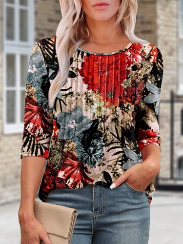KISSMODA Tunic Tops for Women Loose Fit Dressy Round Neck Pleated 3/4 Length Sleeve Spring Tops