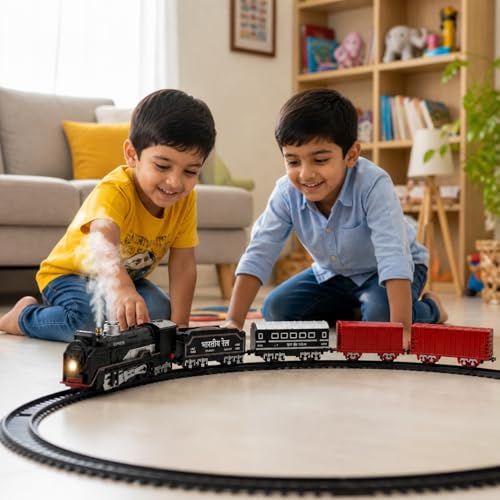 Image of Big Rail Gadi Railway Train Set for Boys | Rechargeable Electric Steam Engine with Multiple Coaches | Smoke, Sound & LED Light Effects Track Toy