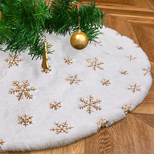 Christmas Tree Skirt Gold 36 inches Large White Faux Fur Tree Skirt Sequin Snowflakes Plush Tree Skirt for Xmas Christmas Tree Decorations Indoor and Outdoor by QueenDream - Used condition - CA$8.07