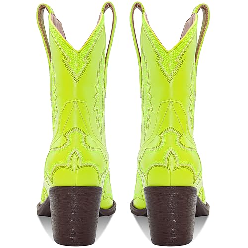 Image of HOCHFART Western Boots for Women Metallic Embroidered Pointed Toe Cowgirl Boots Chunky Heel Pull-On Short Cowboy Boots Wide Calf Country Ankle Boots
