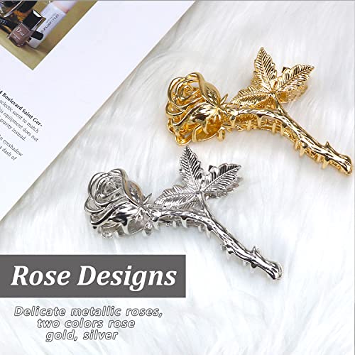 2Pcs Gold Silver Metallic Rose Hair Claw Clips, Medium Size Elegant Rose Floral Leaf Hair Claw Crab Ladies Barrettes Hairgrip Girls Hair Clips Hairpins Headwear Ornamentswomen With Thick Or Thin Hair, Strong Hold, Stylish Must-Have Hair Accessory (Rose) #TOP2