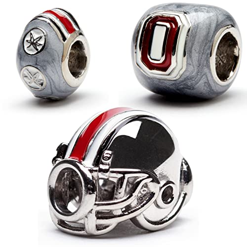 Ohio State Womens Bead Charms - Three Scarlet and Grey OSU Bead Charms - Hypoallergenic Stainless Steel Jewelry - Compatible with Pandora - Ohio State Buckeyes Gifts