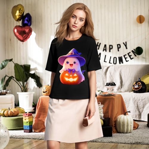 IRUD Halloween Shirts for Women - Pumpkin Ghost Wizard Hat Pattern Round Neck Short Sleeve - image 6