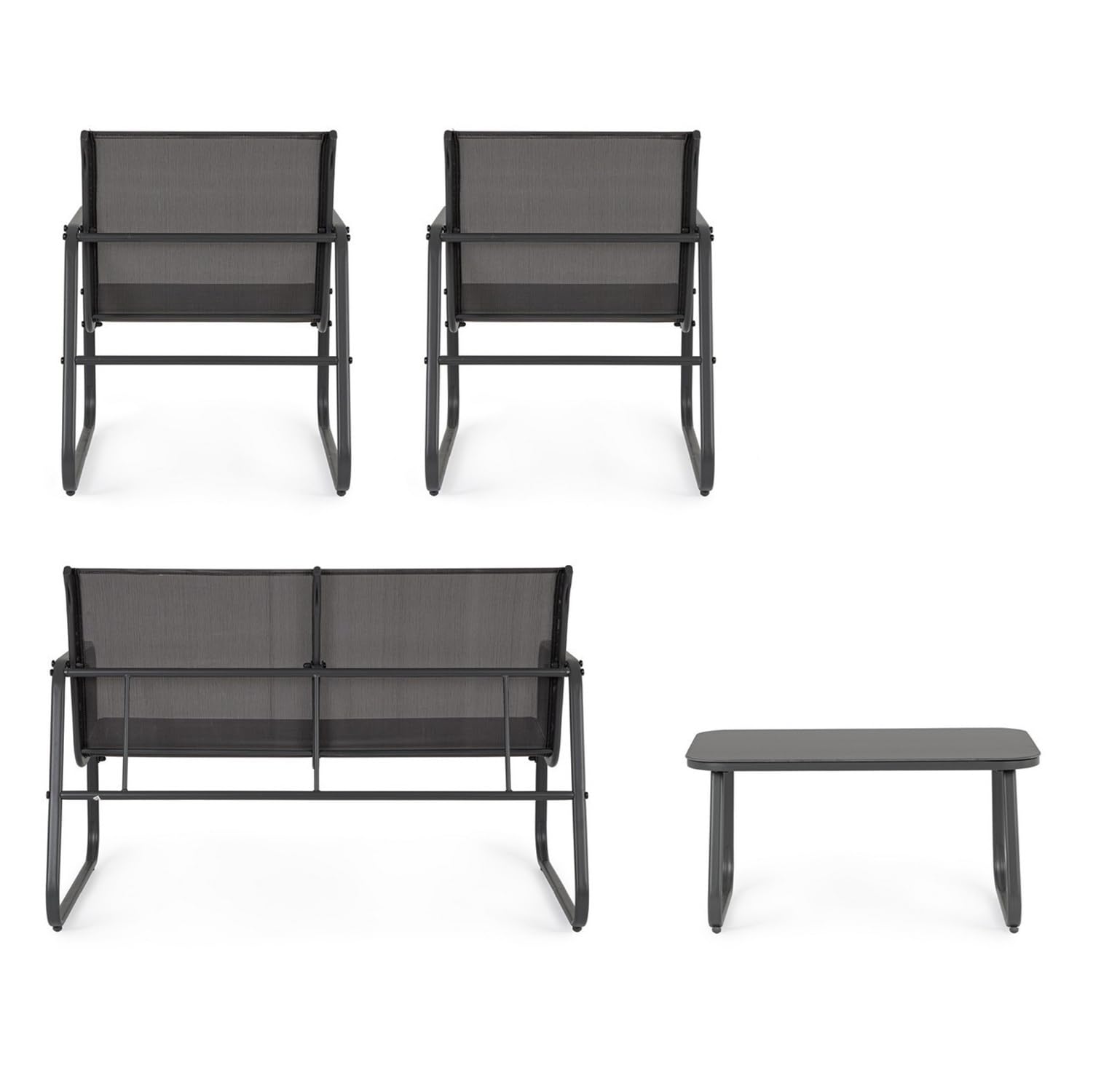Bizzotto Set Salotto da Giardino Gonzalo, 4 Pezzi, Divano, 2 Poltrone e Tavolino, Struttura in Metallo, Tessuto Mesh, Antracite