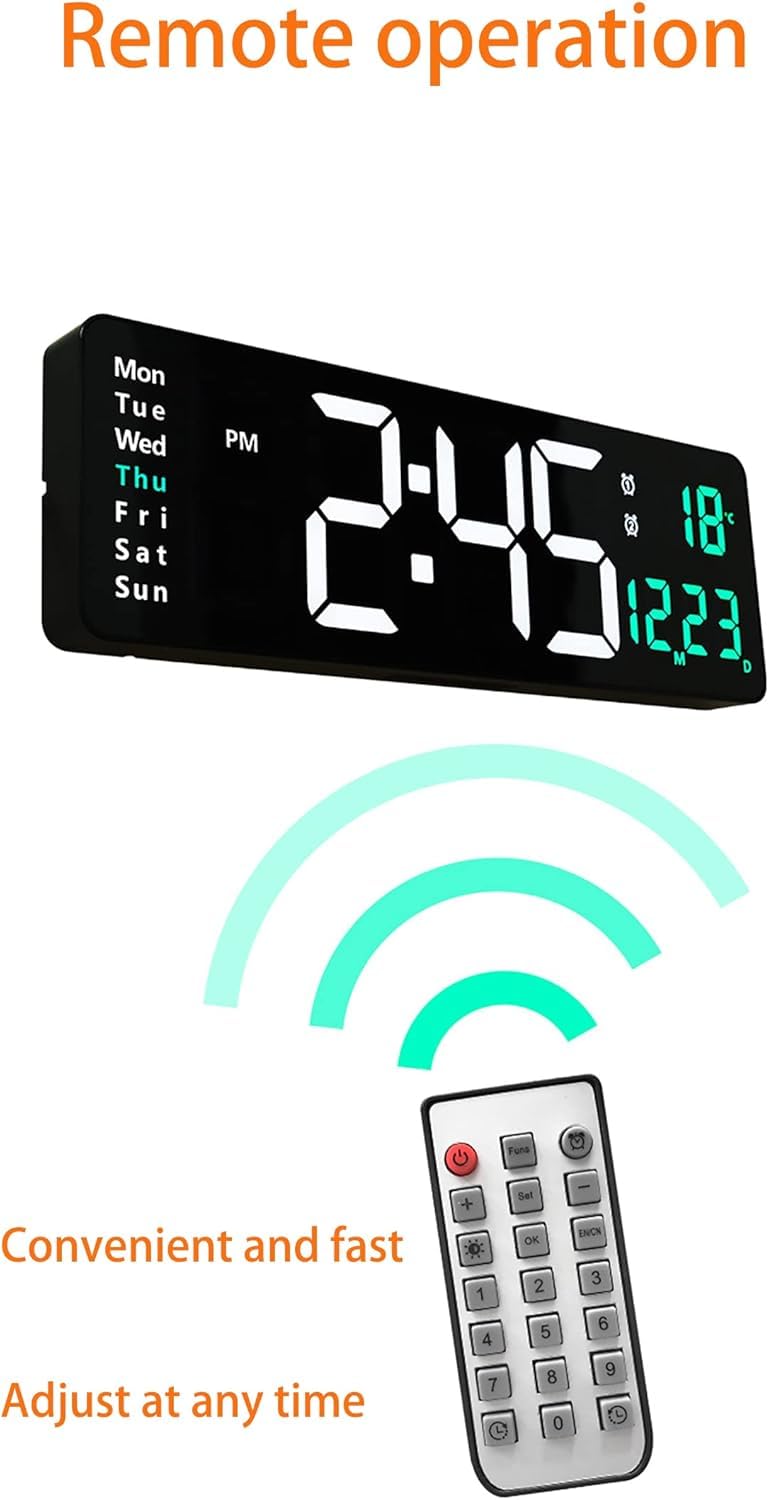 Reloj de pared LED, pantalla digital de 16 pulgadas con control remoto, función de temporización, ajuste de brillo y modo de memoria para uso doméstico u oficina