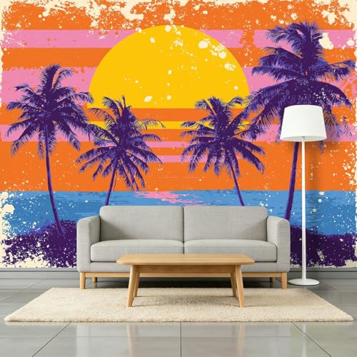 Papel pintado fotográfico de fieltro con diseño de palmeras y puesta de sol, 400 x 280 cm, póster de verano para dormitorio, salón, moderno papel pintado no tejido, papel pintado para pared