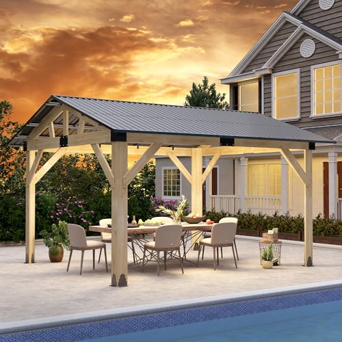 Raysfung 12' × 14' Wood Gazebo, Outdoor Cedar Hardtop Wooden