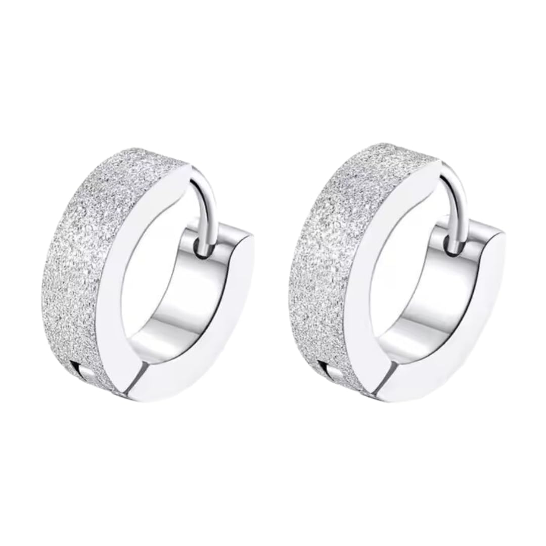 style wind Stainless Steel Shining Hoop Earrings for Men, Silver Textured Finish, Hinged Huggie Style-picture-21