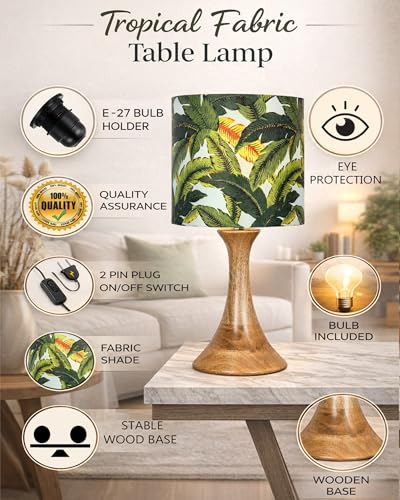 Image of Homesake Rustic Wood Table Lamp Bedside Wooden Desk Lamps for Living Bedroom Study Night, Kids Room, House Warming Festival Gift, Kids Room Decor Light, Green Leaf Shade