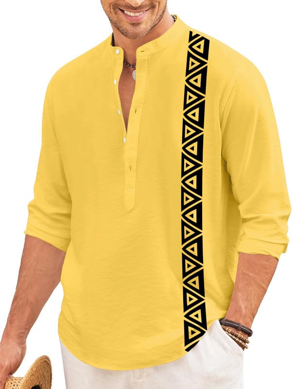Image of FINIVO FASHION Men's Short Kurta with Printed Geometric Side Panel | Cotton Blend Full Sleeve Ethnic Topwear with Mandarin Collar | Stylish Indo-Fusion Kurta for Daily, Festive, or Casual Wear