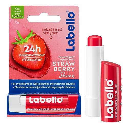 LABELLO Strawberry Shine (1 x 5,5 ml), Baume à lèvres enrichi en huiles naturelles et vitamines C...