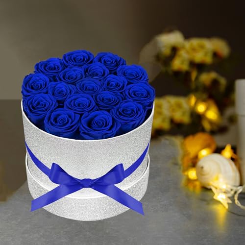 17 Blue Flowers in Glitter Box, Birthday Gifts for Women, Preserved Flowers, Mothers Day Roses Gift for Mom