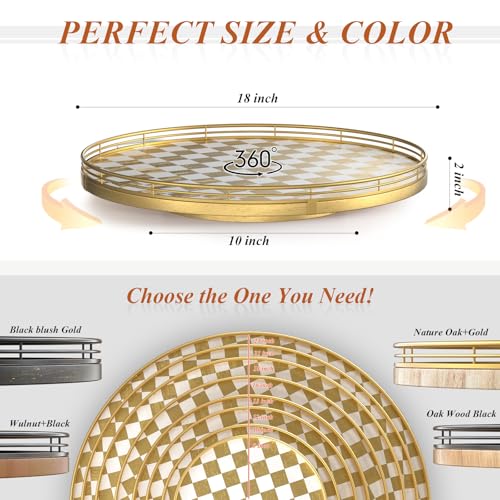 Image of Premium Rubber Wood Lazy Susan Turntable, Glod White Checkerboard Decorative Serving Tray, Hand-Welded Metal Railing, Stable Rotating Organizer for Dining Table, Kitchen Counter, Coffee Table Decor