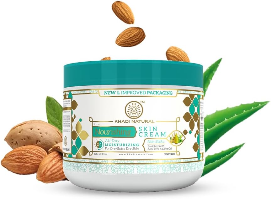 Khadi Natural Nourishing Skin Cream with Almond Oil | Deep Moisturising Face & Body Cream | Helps Hydrate Dry & Rough Skin | Soothing Cream for Irritated Skin | Rich Nourishing Formula for Soft & Smooth | Suitable for All Skin Types | 200g