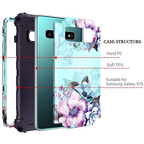 Casetego Compatible With Galaxy S10 Case,Floral Three Layer Heavy Duty Hybrid Sturdy Shockproof Full Body Protective Cover Case For Samsung Galaxy S10,Blue Flower #TOP1