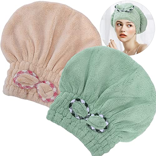 2Pcs Microfiber Hair Drying Cap,Hair Towel Cap,Fast Coral Velvet Hair Drying Towel With Bow-Knot,Quick Dry Fast Drying Hair Caps For Women,Soft Absorbent Cap For Wet Hair Long Thick Hair(Khaki+Green) #TOP2