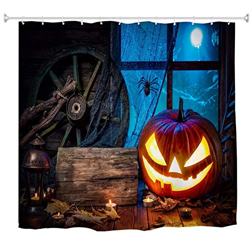 A.Monamour Tenda da Doccia Impermeabile In Poliestere Tessuto Ragno Di Halloween Su Ruota Di Legno Lanterna Di Zucca Su Assi Di Legno Antimuffa Resistente Tende per Doccia Tenda della Vasca da Bagno