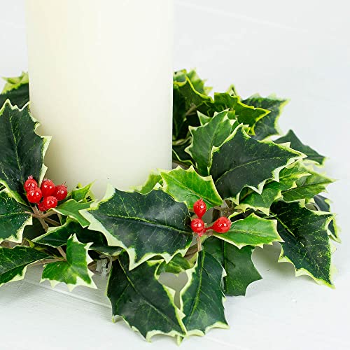 Weather Resistant Variegated Holly Candle Ring with Red Berries - Real Touch Artificial Lifelike Holly Candle Ring for Indoor or Outdoor Christmas Holiday Decoration (10" Dia)