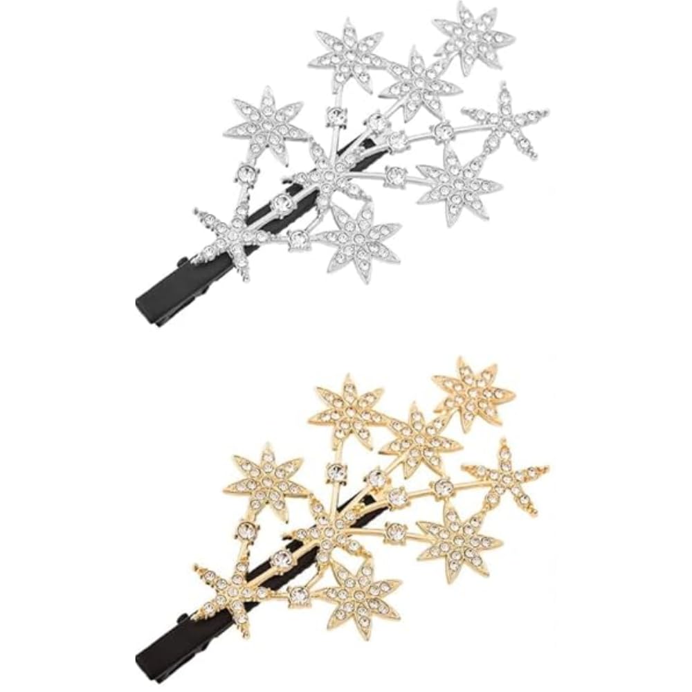 Combo Pack of 2 Star Wedding Cristal Rhinestone Tree Hair pin Barrettes Hair Clips Hair Accessories for Girls and Women Silver Gold-image-42