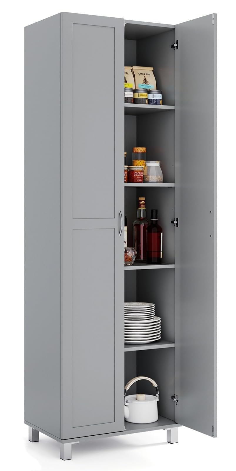 COSTWAY Küchenschrank hoch, 187 cm, Vorratsschrank mit 2 Türen & verstellbarem Regal, Mehrzweckschrank modern, Hochschrank Buffetschrank, für Küche Esszimmer Wohnzimmer (Grau)