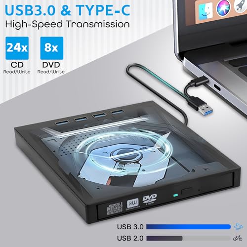 Image of 7 in1 External CD DVD Drive, USB 3.0 Type A & C,Portable CD /DVD RW ROM Burner Rewriter with SD TF & 4 USB Ports,Gaming,Music,Slim Optical DVD Player for Laptop Macbook Pro Air PC iMac Windows
