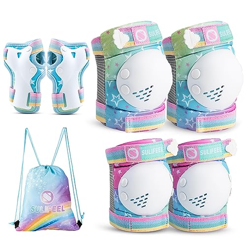 SULIFEEL Rainbow Unicorn Knee Pads for Kids Knee Elbow Pads Wrist Guards with Drawstring Bag Adjustable Protective Gear Set for Girls Boys Roller Skating Bike Scooter Gradient Colors Small