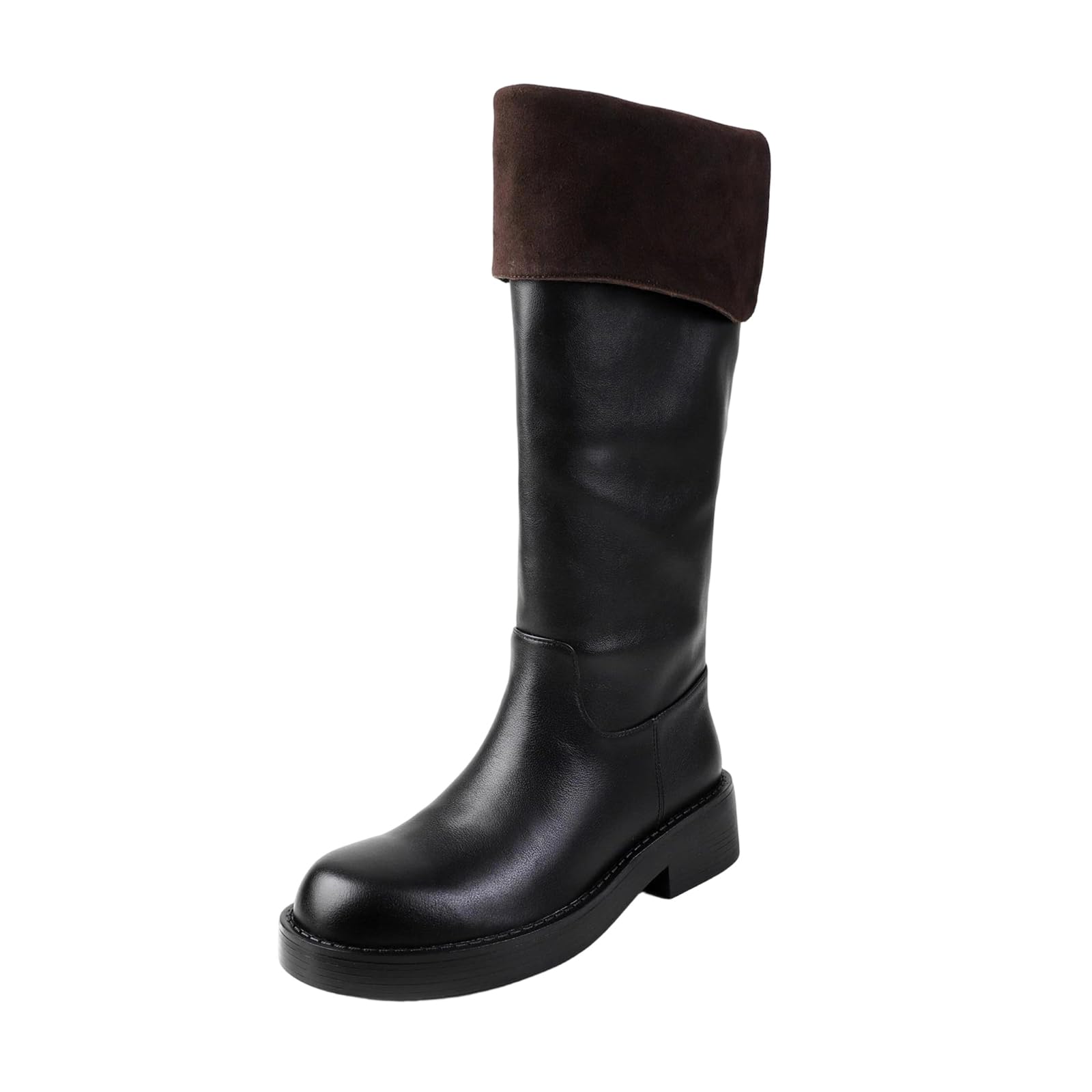 Alloaone Womens Genuine Leather Knee High Riding Boots Round Toe Mid Square Heel Slip On For A Chic